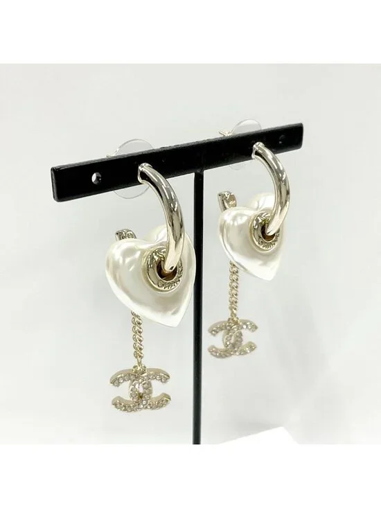 Chanel Earrings Hoop CC Logo Pearl Line Stone Gold - Picture 8 of 9